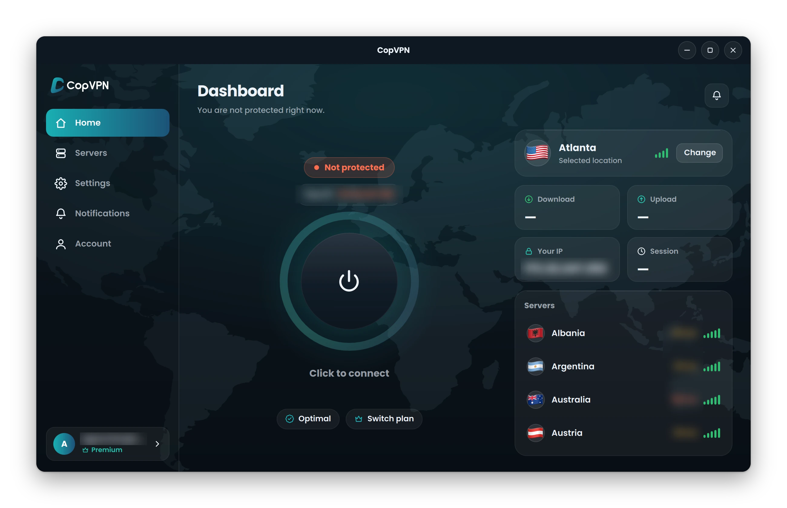 The CopVPN app for Linux on its Dashboard, not yet connected, with the power button, the selected location and the server list