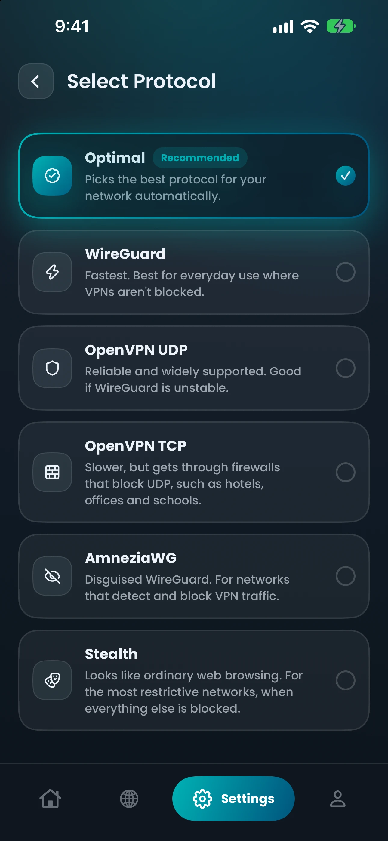 The Select Protocol screen in the CopVPN iPhone app