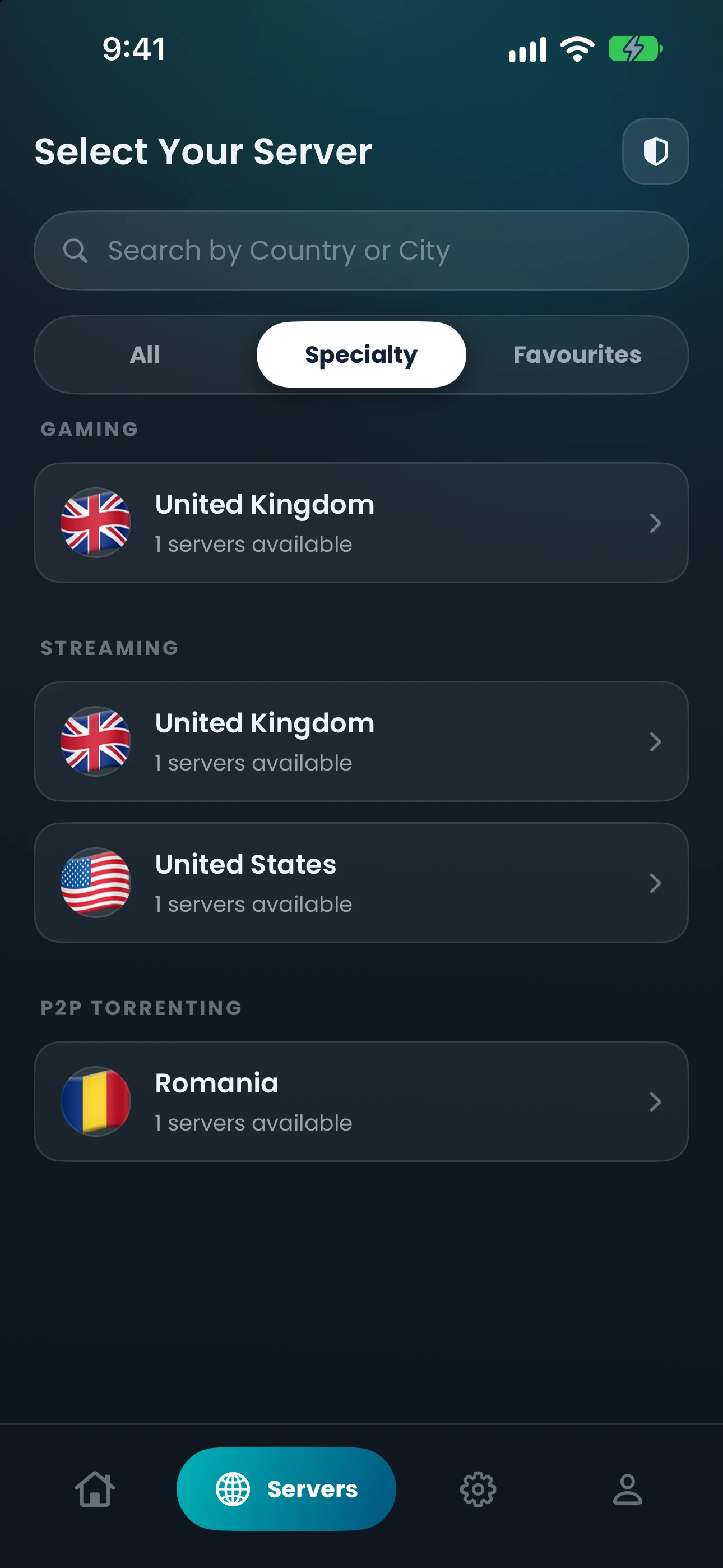 The Specialty tab in the CopVPN iPhone app, with the Streaming group ringed
