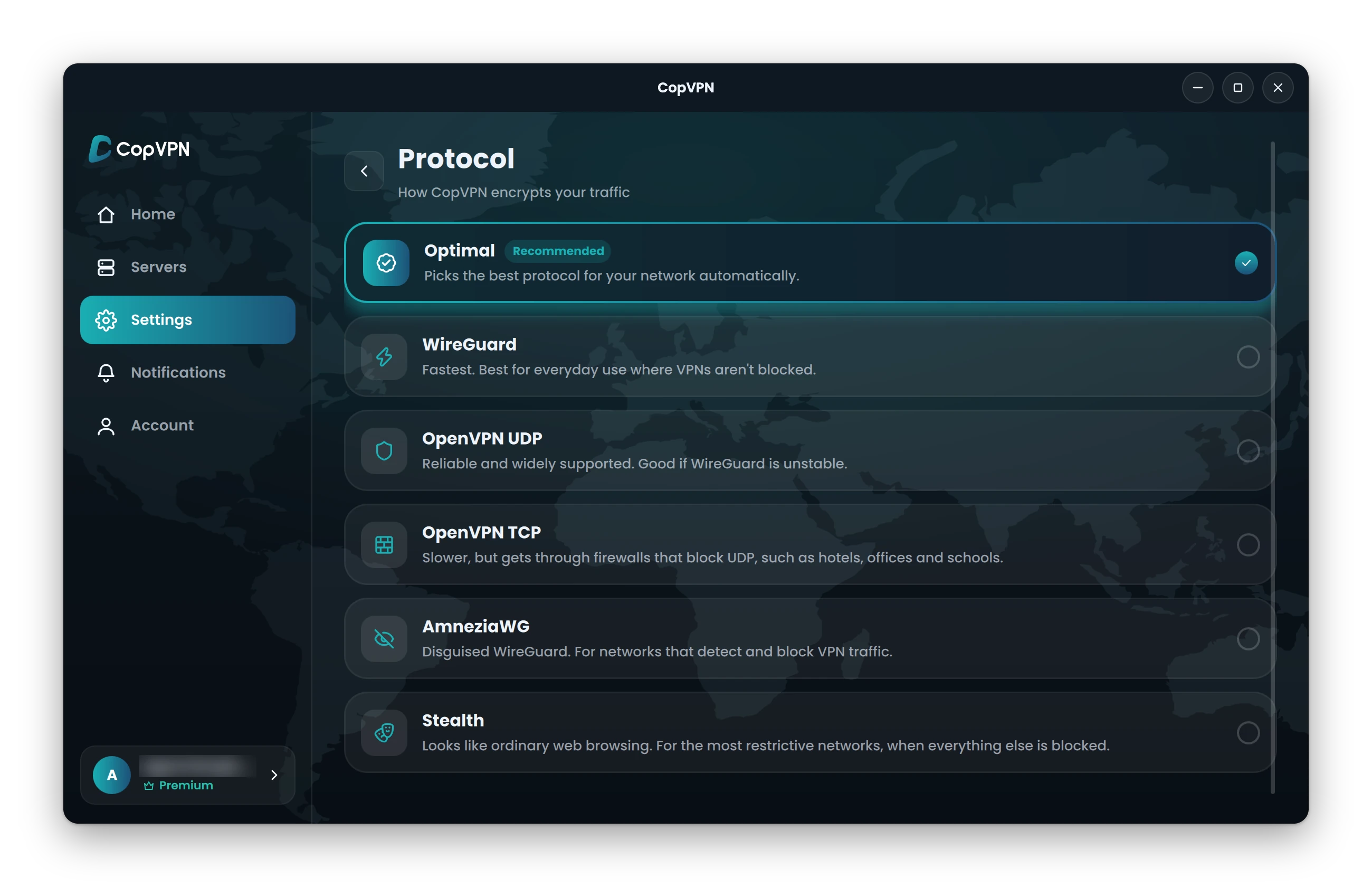 CopVPN for Linux Protocol picker: Optimal, WireGuard, OpenVPN UDP, OpenVPN TCP, AmneziaWG and Stealth, with WireGuard to OpenVPN TCP ringed