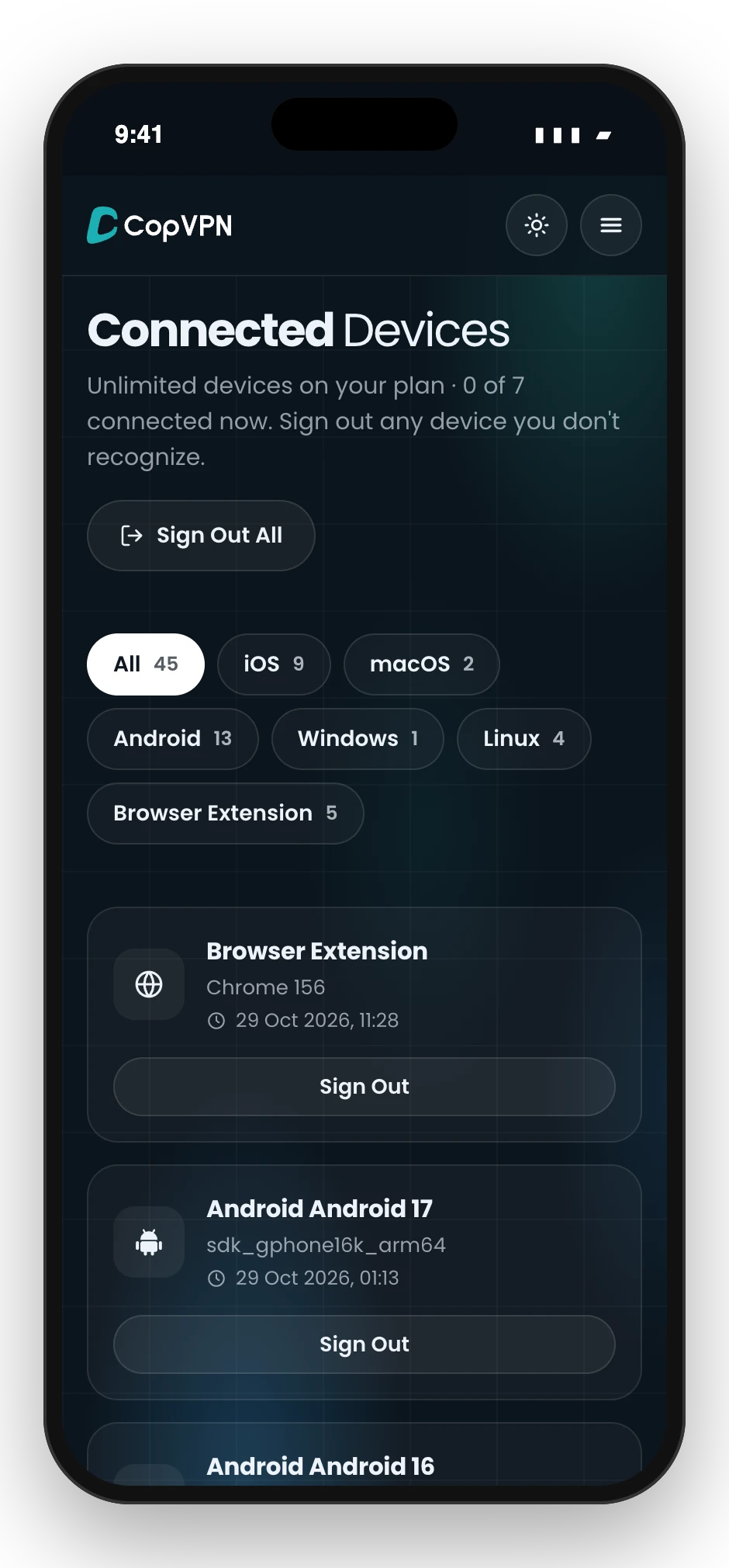 The Connected Devices page in the CopVPN user dashboard on a phone: unlimited devices on your plan, up to 7 connected