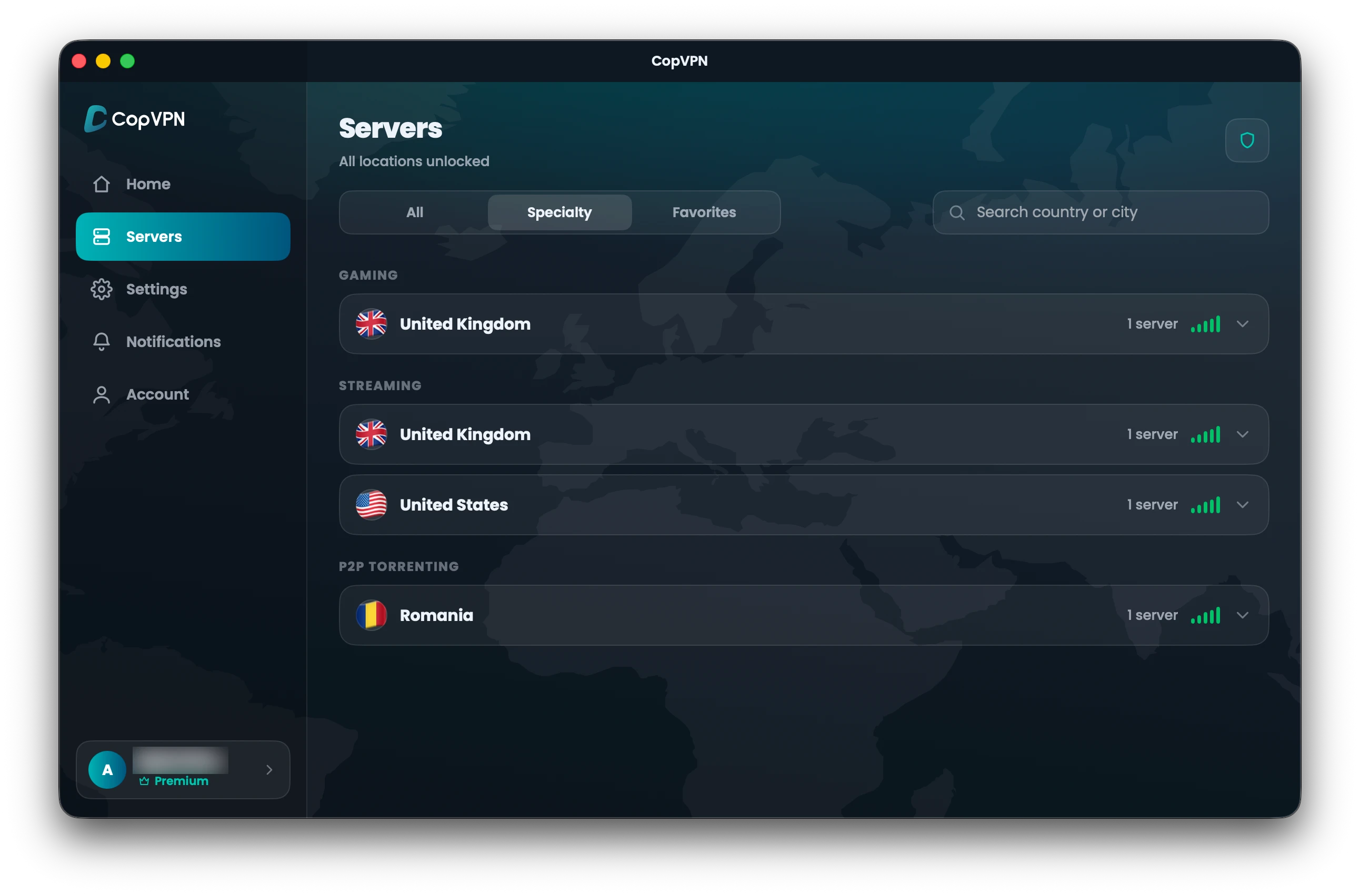 The Specialty tab in the CopVPN Mac app, with the Gaming group ringed