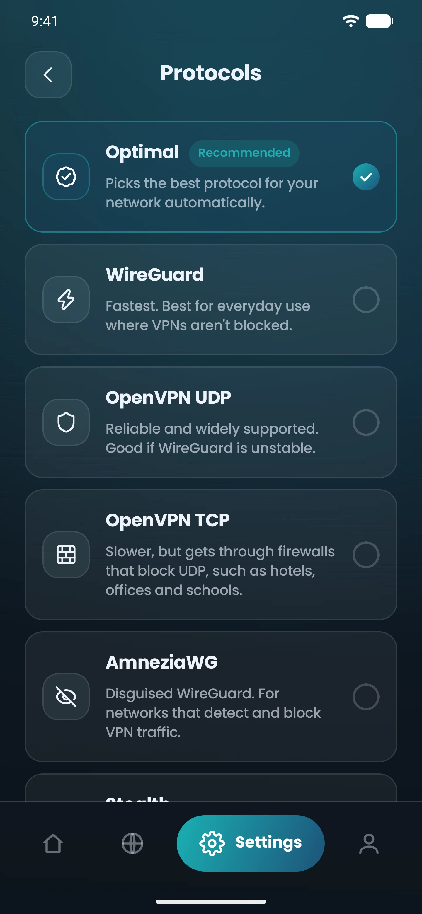 The Protocols screen in the CopVPN Android app