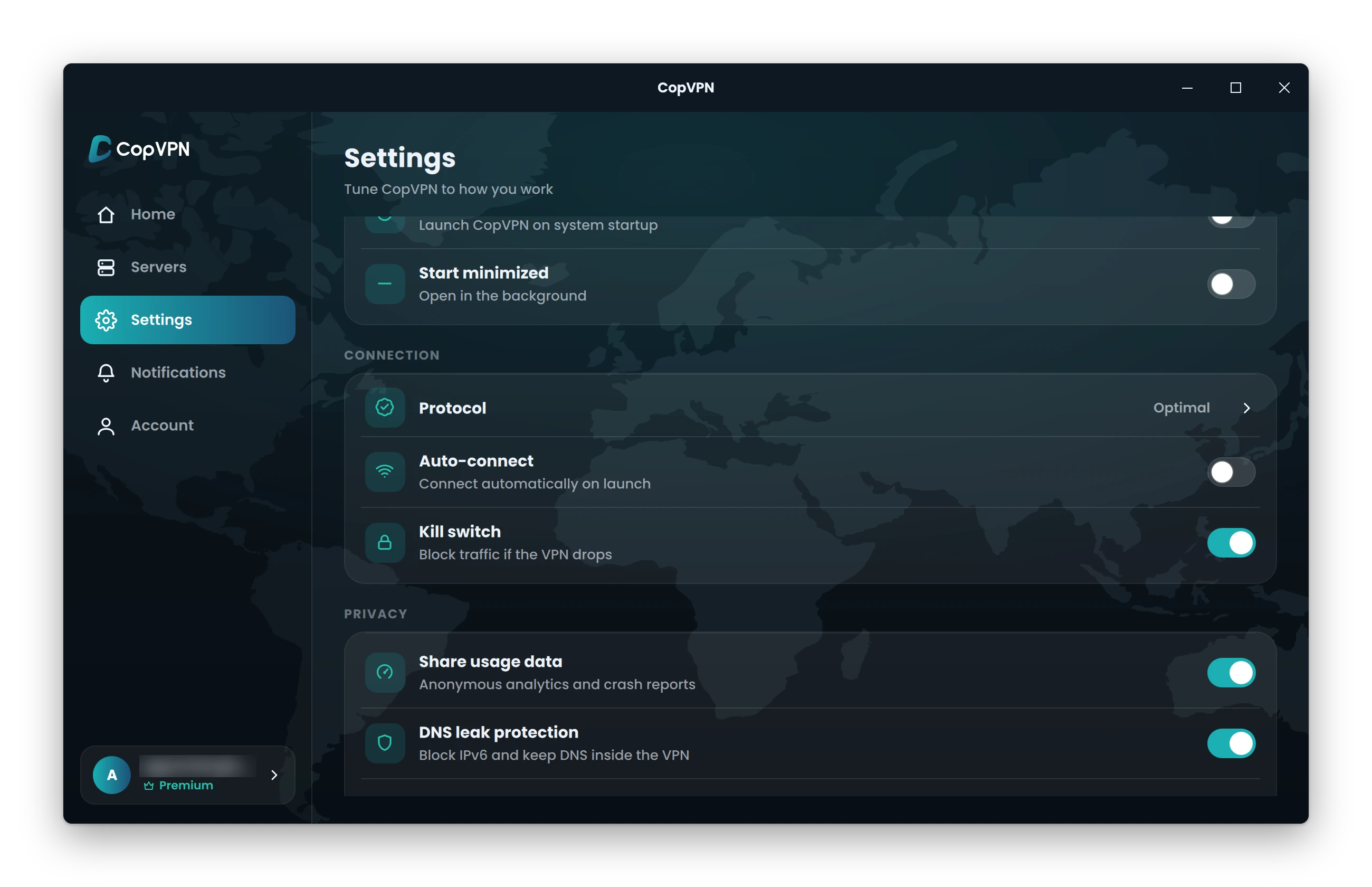 CopVPN Settings on Windows, Connection section, with Kill switch turned on