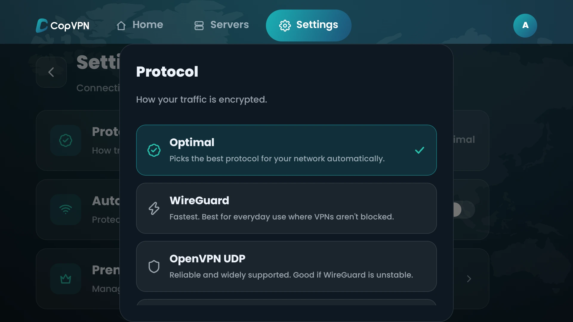 The Android TV protocol picker with Optimal selected, then WireGuard and OpenVPN UDP