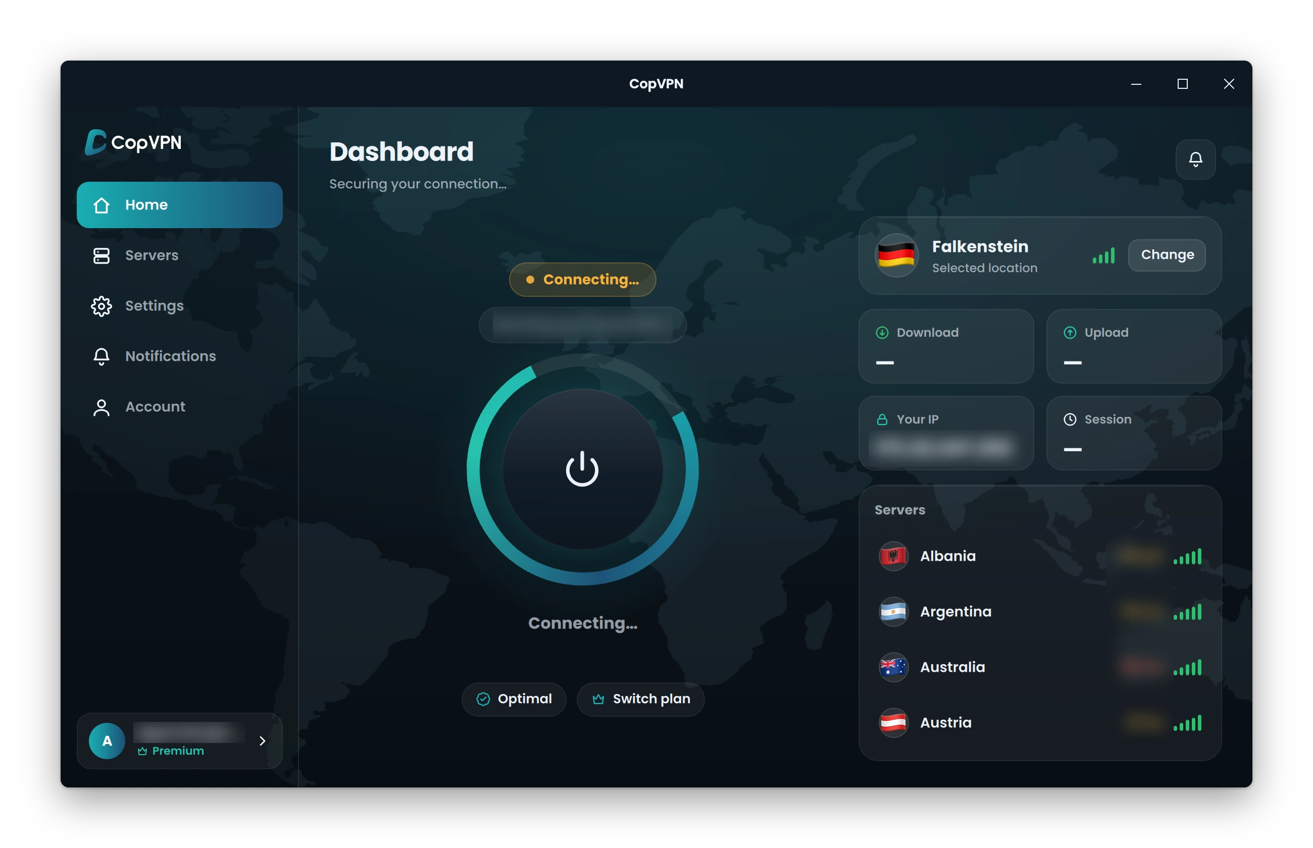 The CopVPN app for Windows connecting, with the power button ringed