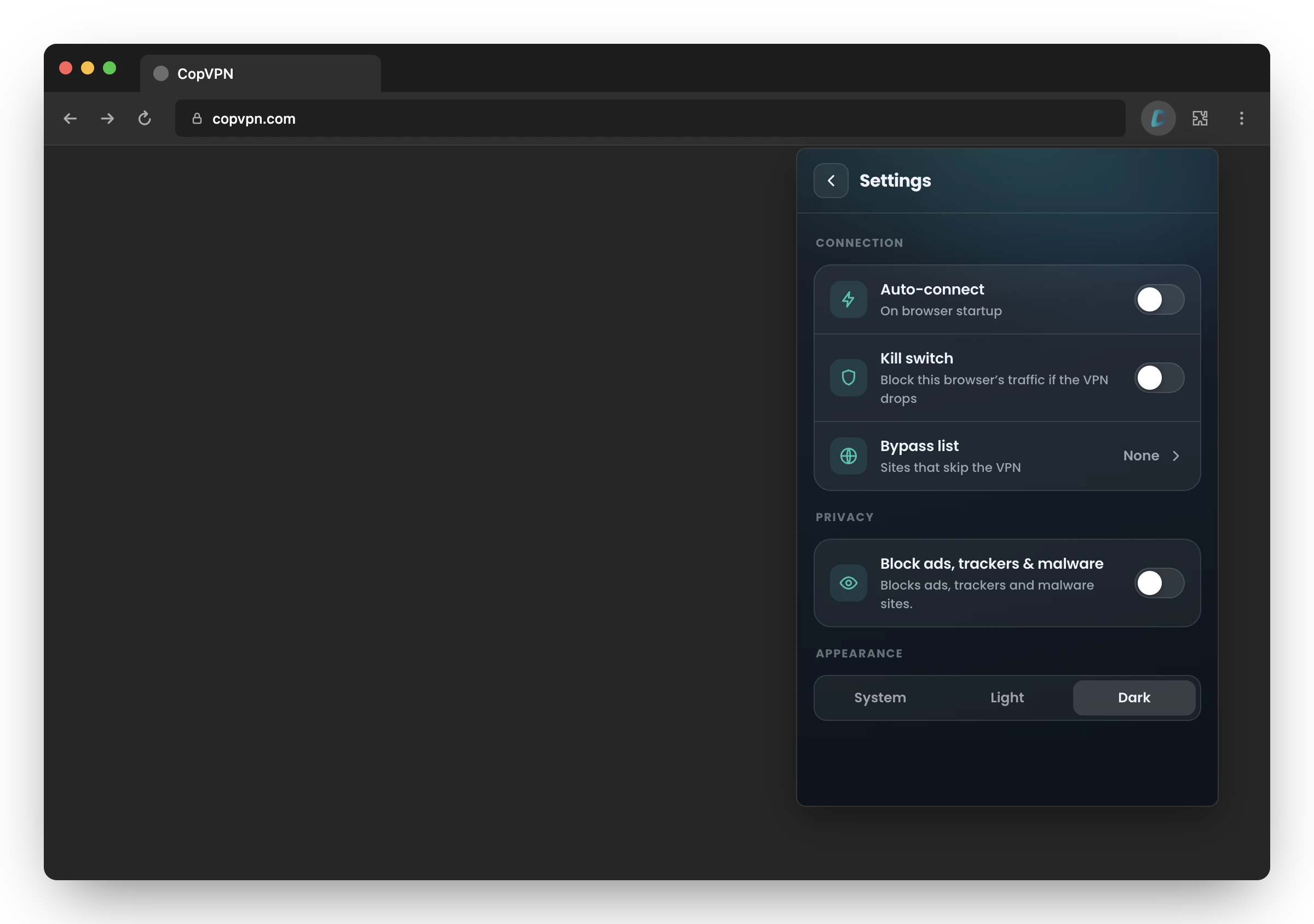 The Settings screen of the CopVPN extension in Microsoft Edge: Auto-connect, Kill switch, Bypass list, Block ads, trackers & malware and Appearance