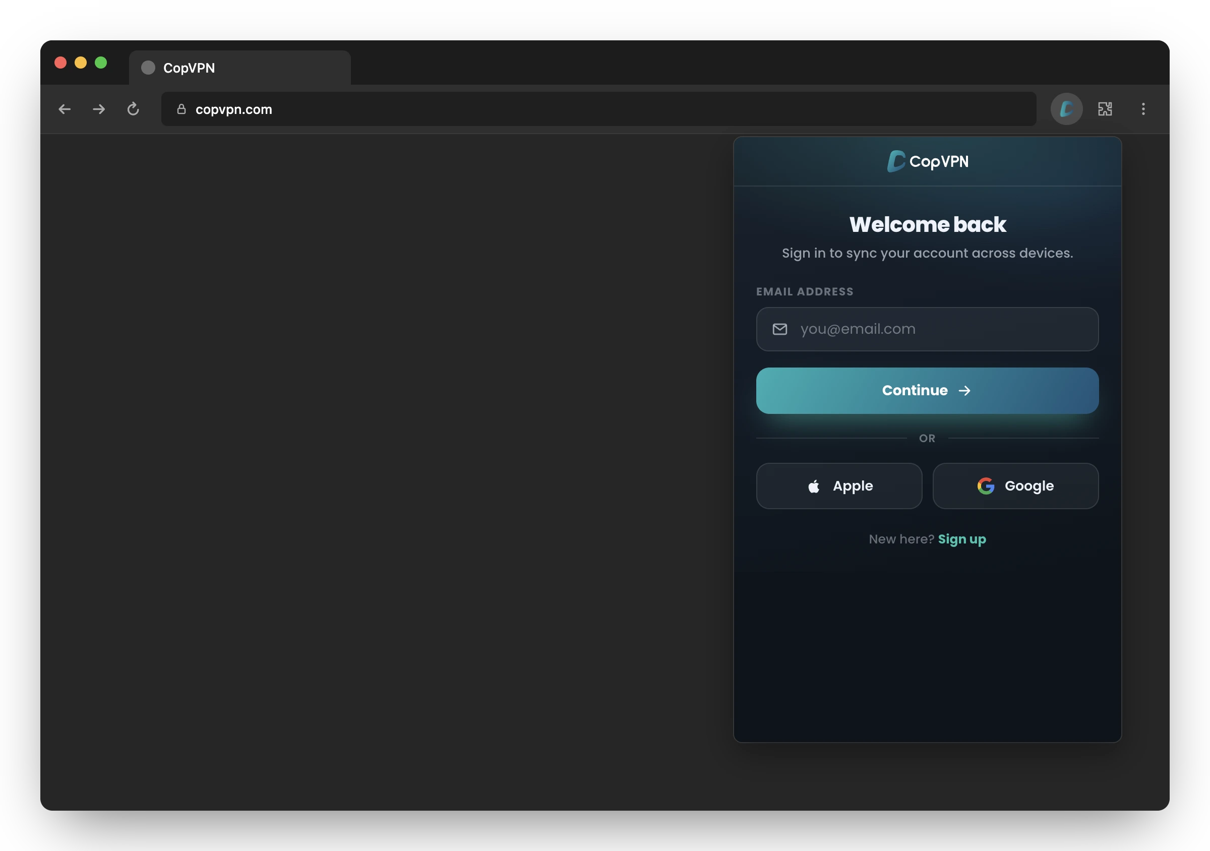 The CopVPN extension sign-in screen in Microsoft Edge: email address, Continue, Apple and Google