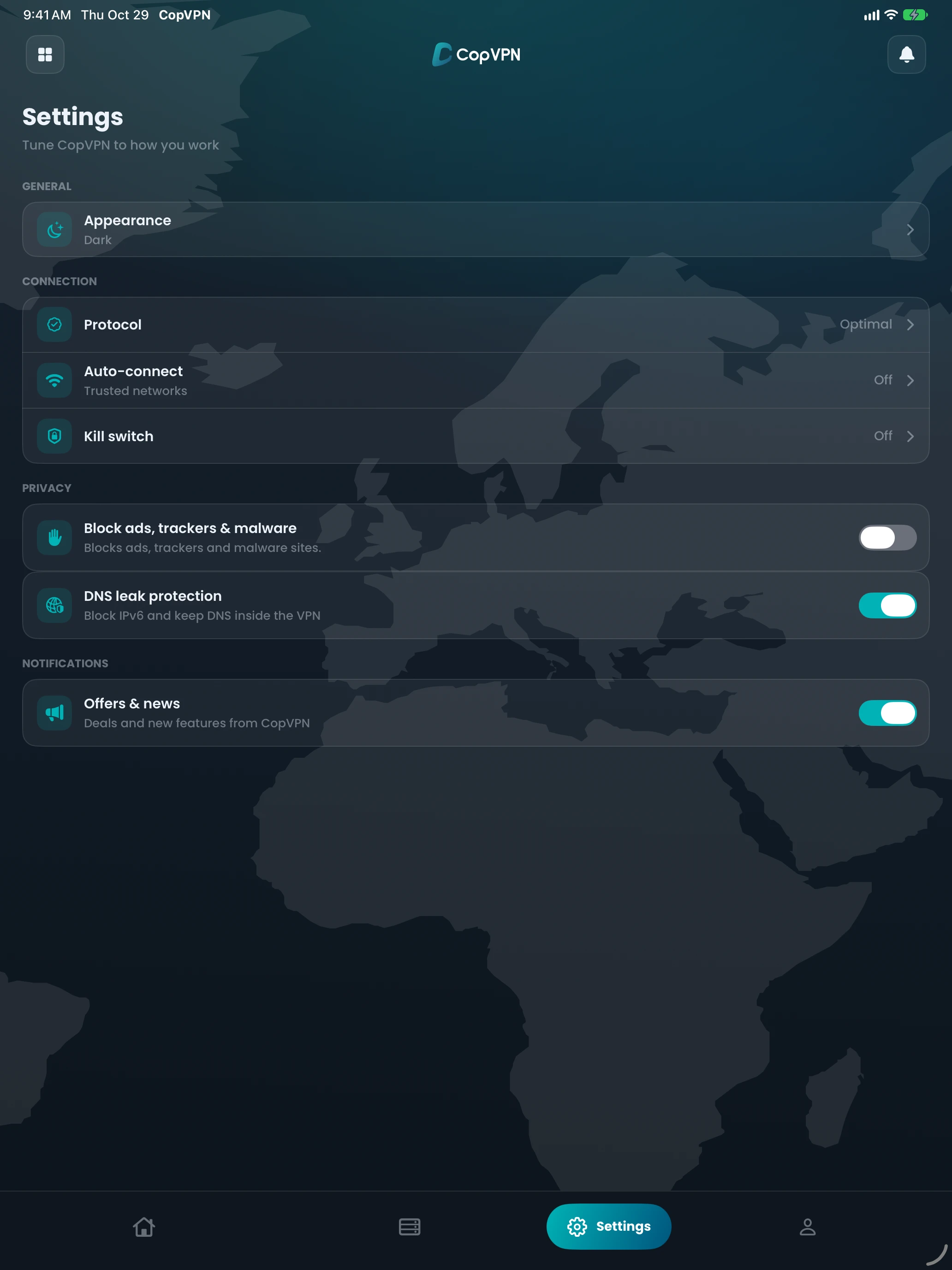 CopVPN iPad Settings: Block ads, trackers & malware, and DNS leak protection switched on